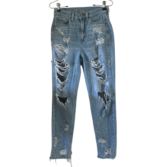 American Eagle Distressed Blue Mom Jeans sz 00 - Picture 1 of 13